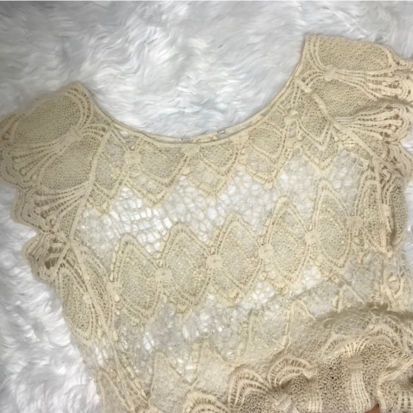 Boho Crochet Open Knit Lace Cream Top - Picture 2 of 5